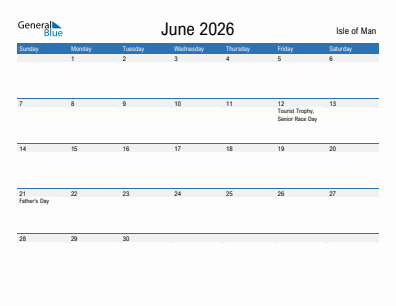 Current month calendar with Isle of Man holidays for June 2026