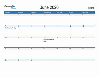 Current month calendar with Iceland holidays for June 2026