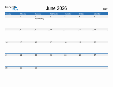 Current month calendar with Italy holidays for June 2026