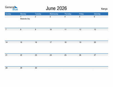 Current month calendar with Kenya holidays for June 2026