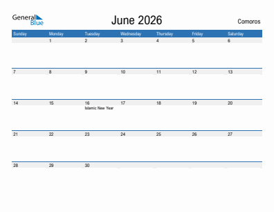 Current month calendar with Comoros holidays for June 2026