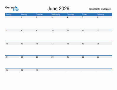 Current month calendar with Saint Kitts and Nevis holidays for June 2026
