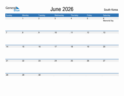 Current month calendar with South Korea holidays for June 2026
