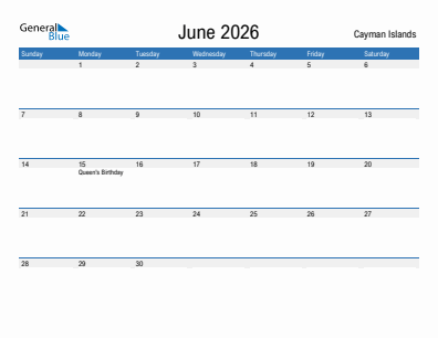 Current month calendar with Cayman Islands holidays for June 2026
