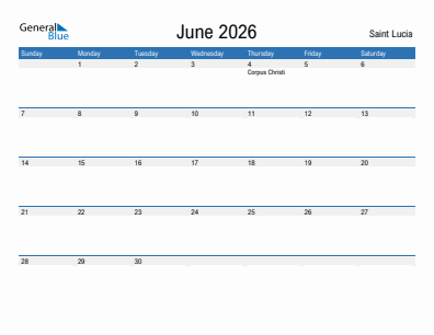 Current month calendar with Saint Lucia holidays for June 2026