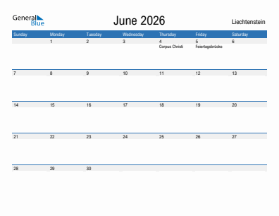 Current month calendar with Liechtenstein holidays for June 2026