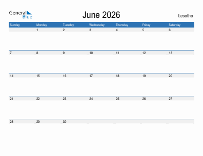 Current month calendar with Lesotho holidays for June 2026