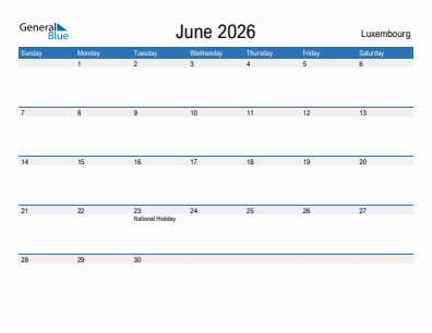 Current month calendar with Luxembourg holidays for June 2026