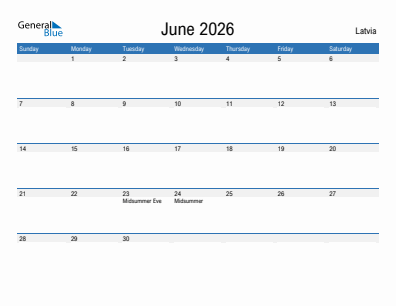 Current month calendar with Latvia holidays for June 2026