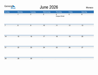 Current month calendar with Monaco holidays for June 2026