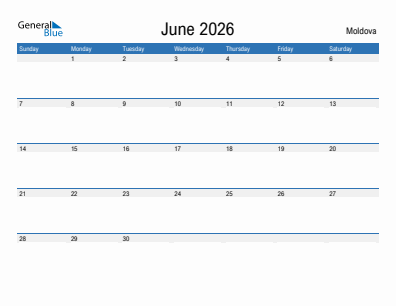 Current month calendar with Moldova holidays for June 2026