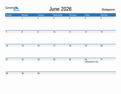 Current month calendar with Madagascar holidays for June 2026