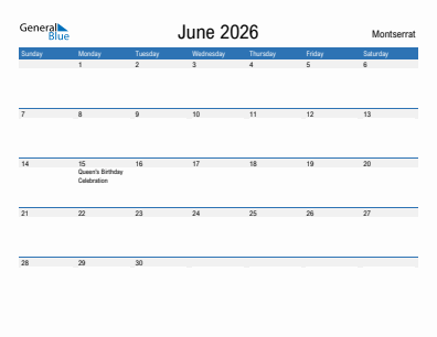 Current month calendar with Montserrat holidays for June 2026