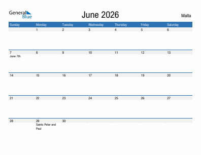 Current month calendar with Malta holidays for June 2026