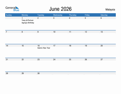 Current month calendar with Malaysia holidays for June 2026