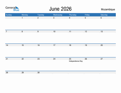 Current month calendar with Mozambique holidays for June 2026