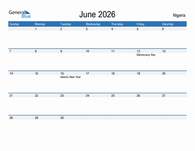 Current month calendar with Nigeria holidays for June 2026