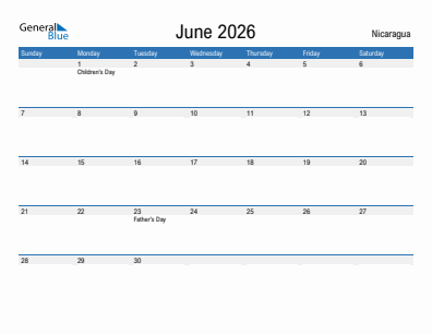 Current month calendar with Nicaragua holidays for June 2026