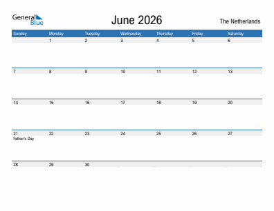 Current month calendar with The Netherlands holidays for June 2026