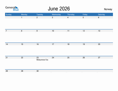 Current month calendar with Norway holidays for June 2026