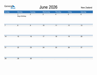 Current month calendar with New Zealand holidays for June 2026