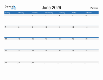 Current month calendar with Panama holidays for June 2026