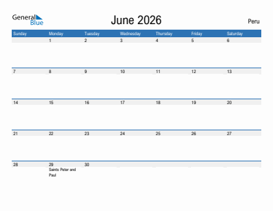 Current month calendar with Peru holidays for June 2026