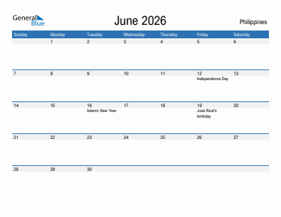 Current month calendar with Philippines holidays for June 2026