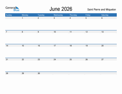 Current month calendar with Saint Pierre and Miquelon holidays for June 2026