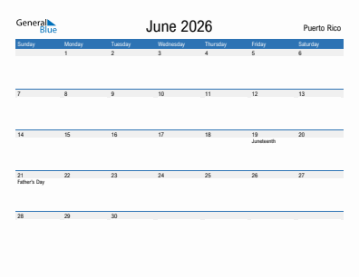 Current month calendar with Puerto Rico holidays for June 2026
