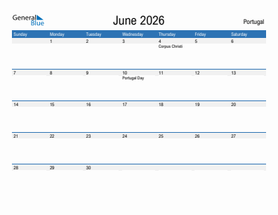Current month calendar with Portugal holidays for June 2026