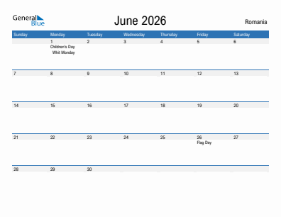 Current month calendar with Romania holidays for June 2026