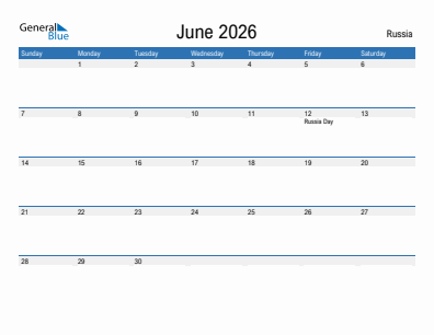 Current month calendar with Russia holidays for June 2026