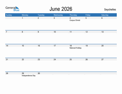 Current month calendar with Seychelles holidays for June 2026