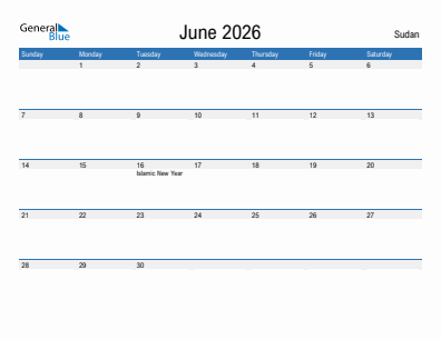 Current month calendar with Sudan holidays for June 2026