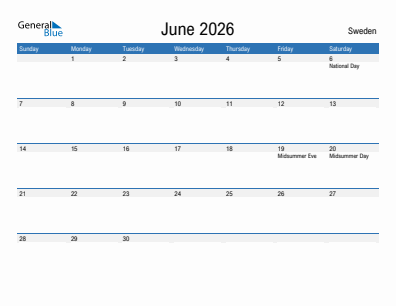 Current month calendar with Sweden holidays for June 2026