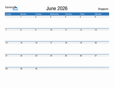 Current month calendar with Singapore holidays for June 2026