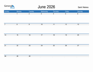 Current month calendar with Saint Helena holidays for June 2026