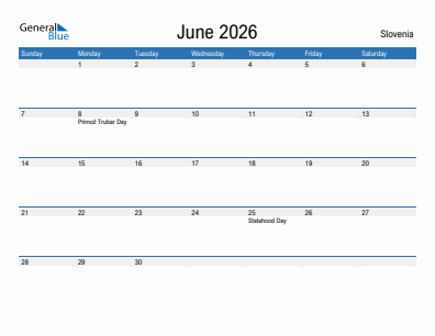 Current month calendar with Slovenia holidays for June 2026
