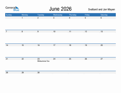 Current month calendar with Svalbard and Jan Mayen holidays for June 2026