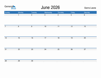 Current month calendar with Sierra Leone holidays for June 2026