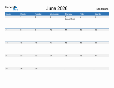 Current month calendar with San Marino holidays for June 2026