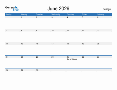 Current month calendar with Senegal holidays for June 2026