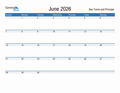 Current month calendar with Sao Tome and Principe holidays for June 2026