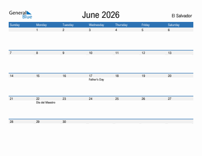 Current month calendar with El Salvador holidays for June 2026