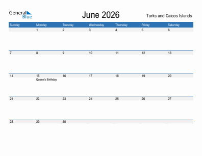 Current month calendar with Turks and Caicos Islands holidays for June 2026