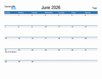 Current month calendar with Togo holidays for June 2026