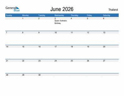Current month calendar with Thailand holidays for June 2026