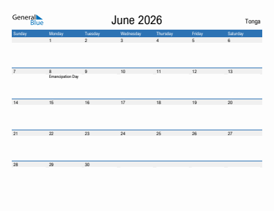 Current month calendar with Tonga holidays for June 2026