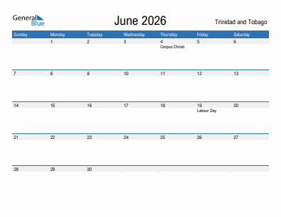 Current month calendar with Trinidad and Tobago holidays for June 2026